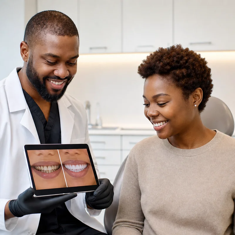 Dentist showing patient digital smile preview on tablet