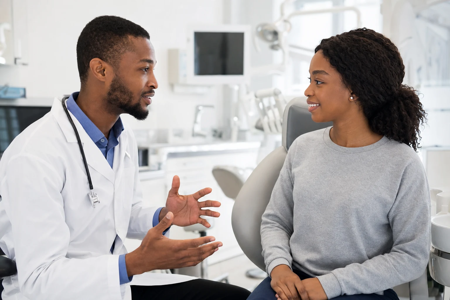 Dentist in white coat consulting patient in modern clinic