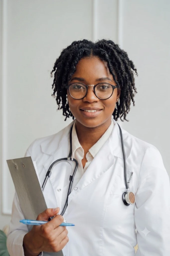 Dental professional in white coat at clinic, Ghana
