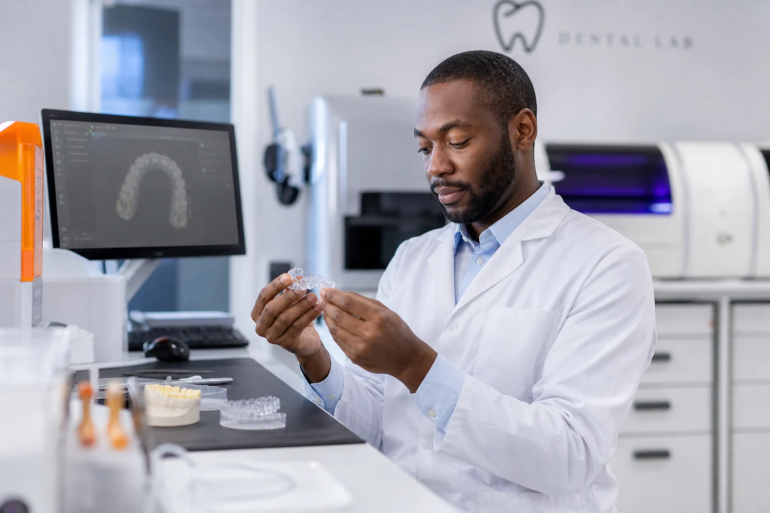 Dentist in dental laboratory, clear aligner technology
